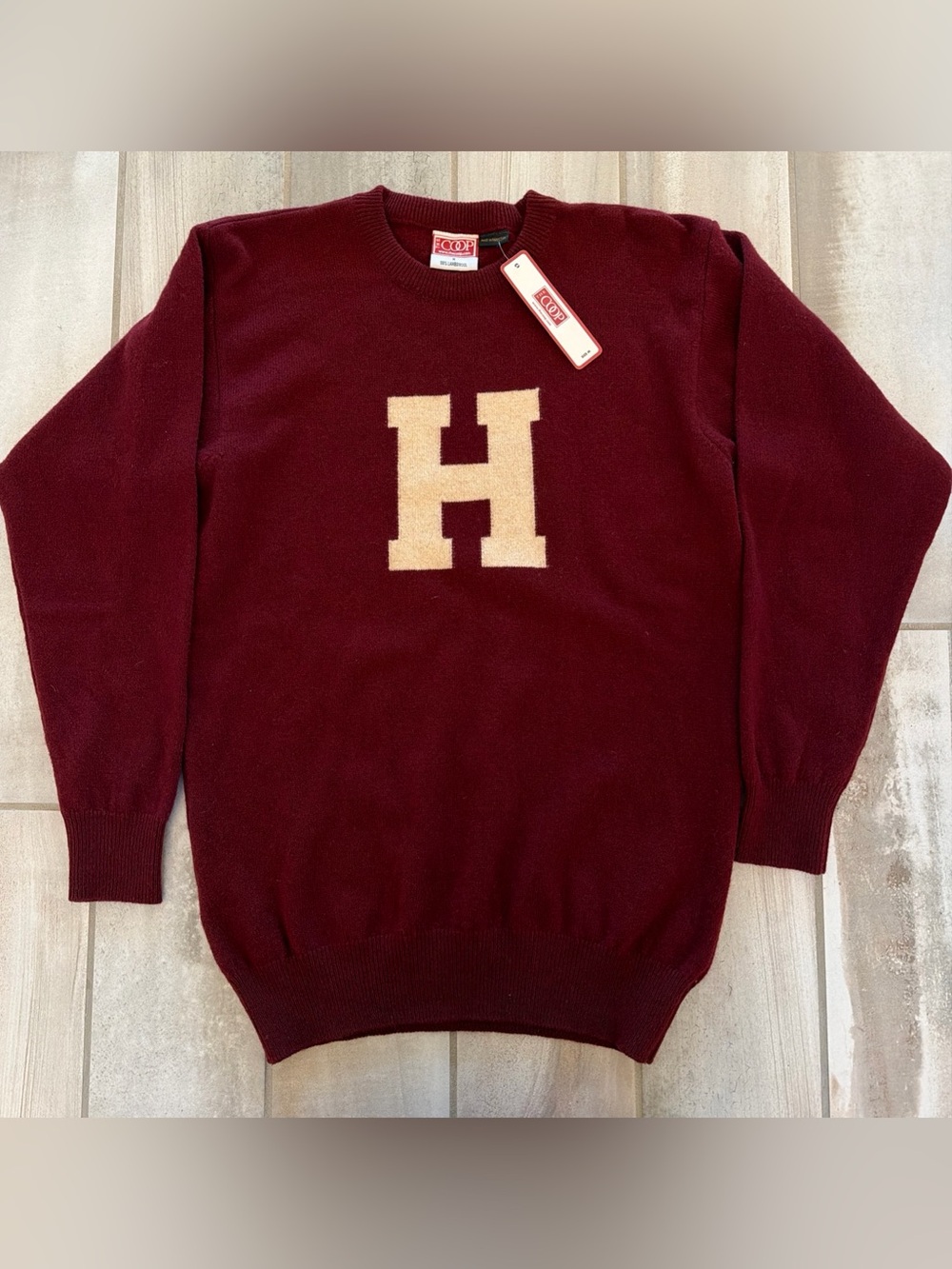 NWT VTG The COOP Harvard University Lambswool H Sweater Burgundy Knit Crewneck M